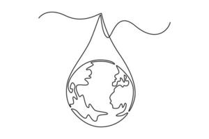 dibujo continuo de una línea tierra en gotas de agua. concepto del día mundial del agua. ilustración gráfica vectorial de diseño de dibujo de una sola línea. vector