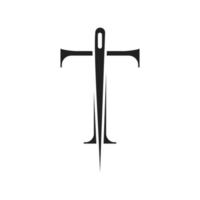 logotipo de sastre de letra t, combinación de aguja e hilo para bordado, textil, moda, tela, plantilla de tela vector