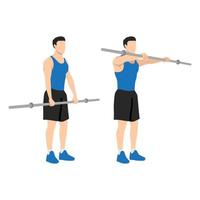 Man doing barbell front raises exercise. Flat vector illustration isolated on white background