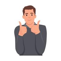 Young man shows gesture cool with thumbs up. Flat vector illustration isolated on white background