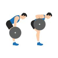 Man doing barbell bent over row exercise from side view. Flat vector illustration isolated on white background