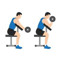 Man doing one arm dumbbell preacher curl side view. Flat vector illustration isolated on different layer. Workout character