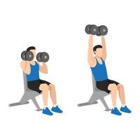 Man doing Seated Shoulder hammer. Overhead presses exercise. Flat vector illustration isolated on white background