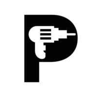 concepto de diseño de logotipo de construcción de fabricación de letra p con plantilla de vector de símbolo de máquina de perforación