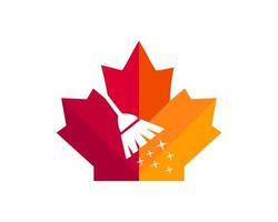 diseño del logotipo de limpieza de arce. logotipo de limpieza doméstica canadiense. hoja de arce roja con vector de cepillo de limpieza de casa