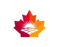 diseño de logotipo solar de arce. logotipo solar canadiense. hoja de arce roja con vector de concepto solar