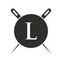 logotipo de sastre de letra l, combinación de aguja e hilo para bordado, textil, moda, tela, plantilla de tela vector