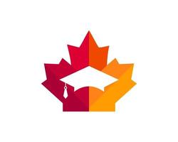 diseño del logotipo del sombrero de educación de arce. logotipo de educación canadiense. hoja de arce roja con vector de concepto de sombrero de educación