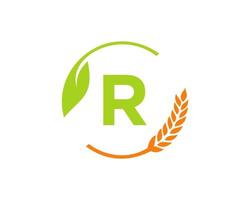 logotipo de agricultura en el concepto de letra r. diseño de logotipo de agricultura y ganadería. agronegocios, granjas ecológicas y diseño rural. vector