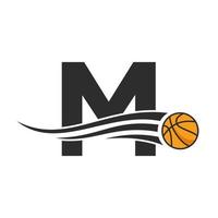 letra m diseño del logotipo de la pelota de baloncesto para la plantilla de vector de símbolo del club de baloncesto. elemento del logotipo de baloncesto