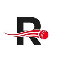 concepto de logotipo de cricket con letra r con icono de bola para plantilla de vector de símbolo de club de cricket. signo de jugador de críquet