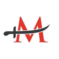 Plantilla de vector de logotipo de espadas de letra m. icono de espadas para símbolo de protección y privacidad