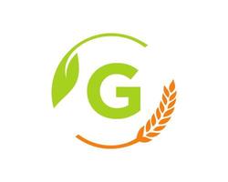 logotipo de agricultura en el concepto de letra g. diseño de logotipo de agricultura y ganadería. agronegocios, granjas ecológicas y diseño rural. vector