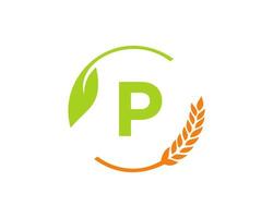 logotipo de agricultura en el concepto de letra p. diseño de logotipo de agricultura y ganadería. agronegocios, granjas ecológicas y diseño rural. vector