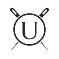 logotipo de sastre de letra u, combinación de aguja e hilo para bordado, textil, moda, tela, plantilla de tela vector