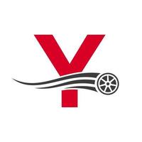 letra de coche deportivo y concepto de diseño de logotipo de reparación de automóviles automotrices con plantilla de vector de icono de neumático de transporte