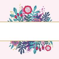 Decorative colorful botanical frame with pink backgroung, flowers and leaves with place for text vector