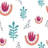 Flat hand drawn minimalist floral pattern with red flowers and turquoise leaves on white background vector
