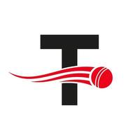 concepto de logotipo de cricket con letra t con icono de bola para plantilla de vector de símbolo de club de cricket. signo de jugador de críquet