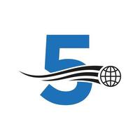 logotipo global de la letra 5 combinado con icono global, signo de tierra para la plantilla de identidad empresarial y tecnológica vector