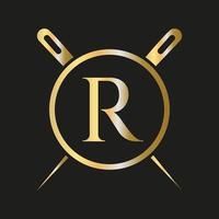logotipo de sastre de letra r, combinación de aguja e hilo para bordado, textil, moda, tela, plantilla de tela vector