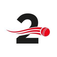 concepto de logotipo de cricket de letra 2 con icono de bola para plantilla de vector de símbolo de club de cricket. signo de jugador de críquet