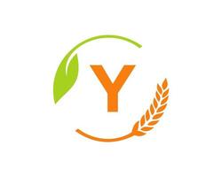 Agriculture Logo On Y Letter Concept. Agriculture and farming logo design. Agribusiness, Eco-farm and rural country design vector