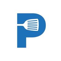 logotipo de la espátula de cocina de la letra p. diseño de logotipo de cocina combinado con espátula de cocina para símbolo de restaurante vector