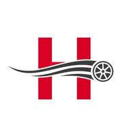 coche deportivo letra h concepto de diseño de logotipo de reparación de automóviles automotrices con plantilla de vector de icono de neumático de transporte