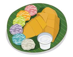 postre tailandés ilustración vectorial mango arroz pegajoso colocado en una hoja de plátano en vector