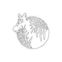 Continuous curve one line drawing of adorable zebra abstract art in circle. Single line editable stroke vector illustration of striped mammals for logo, wall decor and poster print decoration