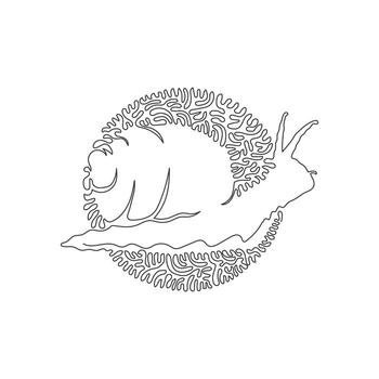Continuous curve one line drawing of cute snail abstract art in circle. Single line editable stroke vector illustration of hard shell on its back for logo, wall decor and poster print decoration