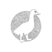 Single one curly line drawing of ducks are aquatic birds. Continuous line draw graphic design vector illustration of adorable duck for icon, symbol, company logo, print wall decor.