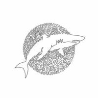 Continuous one curve line drawing of scary shark abstract art in circle. Single line editable stroke vector illustration of fierce carnivores for logo, wall decor and poster print decoration