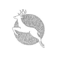 Continuous curve one line drawing of running deer abstract art in circle. Single line editable stroke vector illustration of herbivores mammal for logo, wall decor and poster print decoration