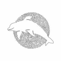 Continuous curve one line drawing of adorable dolphin abstract art in circle. Single line editable stroke vector illustration of marine mammals for logo, wall decor and poster print decoration