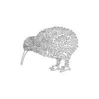 Single swirl continuous line drawing of kiwi's beak is long and flexible. Continuous line draw graphic design vector illustration style of kiwis,  flightless birds for icon, sign, boho decor