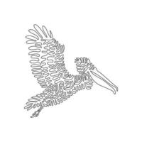 Single one line drawing of cute flying pelican. Continuous line draw graphic design vector illustration of pelican is the largest of living birds for icon, symbol, company logo, boho poster wall decor