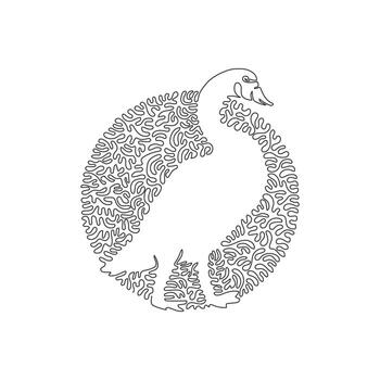 Continuous one curve line drawing of funny swan. Abstract art in circle. Single line editable stroke vector illustration of swan with long curved necks for logo, wall decor, poster print decoration