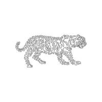 Continuous curve one line drawing. The tiger has a muscular body. Curve abstract art. Single line editable stroke vector illustration of aggressive tiger for logo, wall decor, poster print decoration