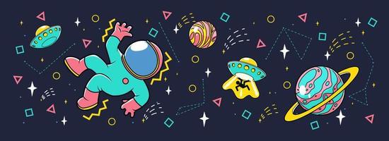 Cute astronaut in space with alien ufo saucers vector