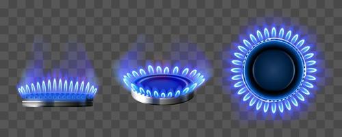 Gas burner with blue fire in top and side view vector