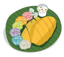 postre tailandés ilustración vectorial mango arroz pegajoso colocado en una hoja de plátano en vector