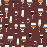 Wine glasses of different shapes with different alcohol seamless pattern. Vector background with alcohol. Print with alcoholic drinks