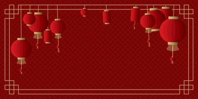 Chinese vintage frame with lanterns on red background have blank space. vector