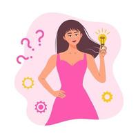 Woman with light bulb find good idea. Solution of the problem, Brainstorming, Inspiration concept. vector