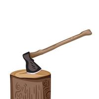 Axe stuck on tree stump vector illustration isolated on white background. Carpenter or lumberjack tool equipment drawing with cartoon simple flat art style.