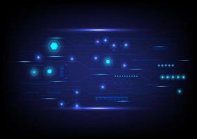 hi-tech technology abstract background Numerous geometric shapes with circuit patterns shine brightly on the horizontal lines. on a blue gradient background vector