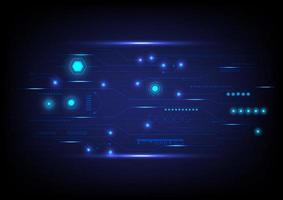 hi-tech technology abstract background Numerous geometric shapes with circuit patterns shine brightly on the horizontal lines. on a blue gradient background vector