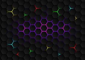 The hexagons are arranged like a honeycomb. with many colors shining below on the gradient background vector